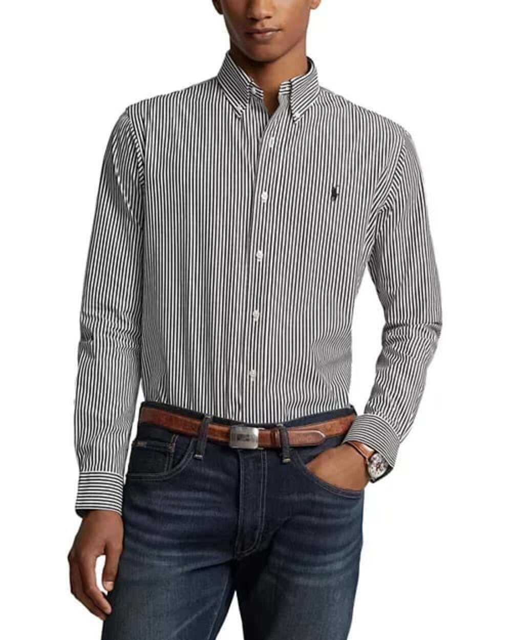 Ralph Lauren Black and White Striped Slim Fit Button Down Long Sleeve Shirt